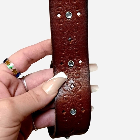 Miss Me Brown Leather Belt with Brass Jeweled Buckle - Picture 6 of 6